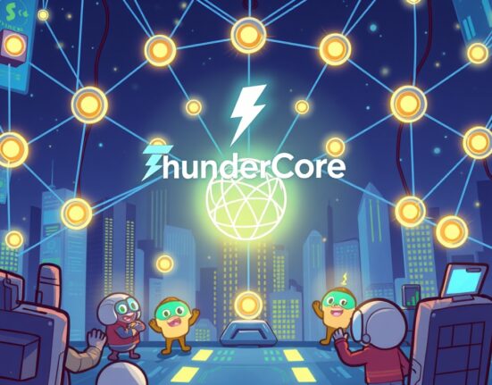 A cartoon illustration showing the exciting potential of the ThunderCore WLFI collaboration in the DeFi space.