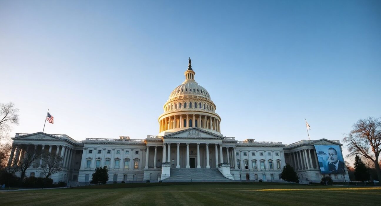 U.S. Capitol Building at golden hour, symbolizing Senate legislative action on the CLARITY Act.