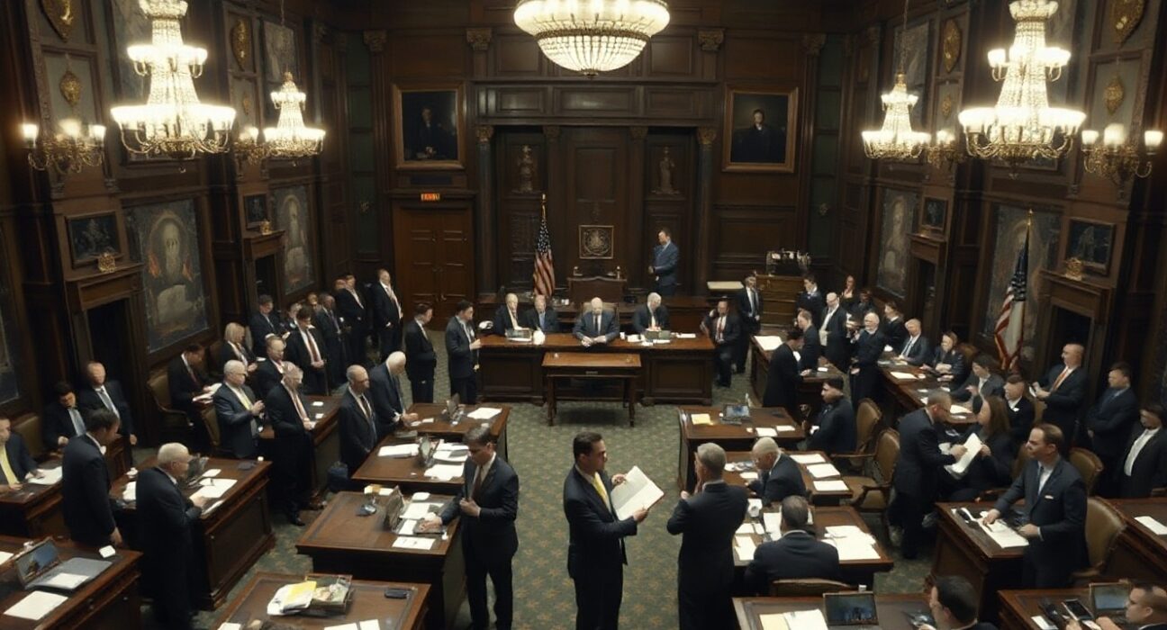 Senate Majority Leader John Thune on the Senate floor during a busy legislative session before August recess