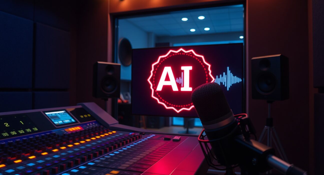 Recording studio mixing console with an AI badge icon on a screen, representing TIDAL's new policy on AI-generated music.