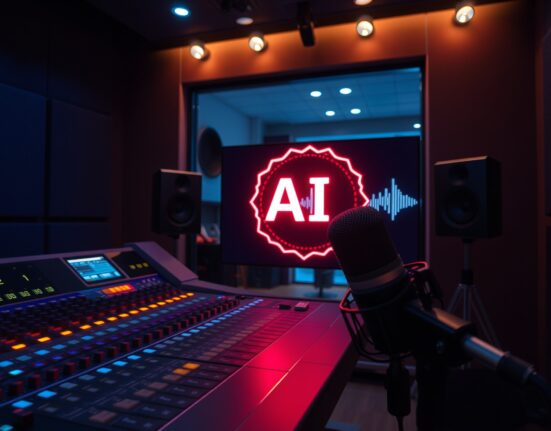 Recording studio mixing console with an AI badge icon on a screen, representing TIDAL's new policy on AI-generated music.