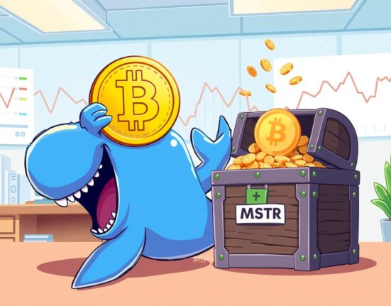 Cartoon of an institutional investor whale moving a Bitcoin coin towards an MSTR treasure chest, symbolizing Tidal Investments buys MSTR shares.