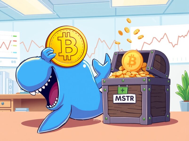 Cartoon of an institutional investor whale moving a Bitcoin coin towards an MSTR treasure chest, symbolizing Tidal Investments buys MSTR shares.