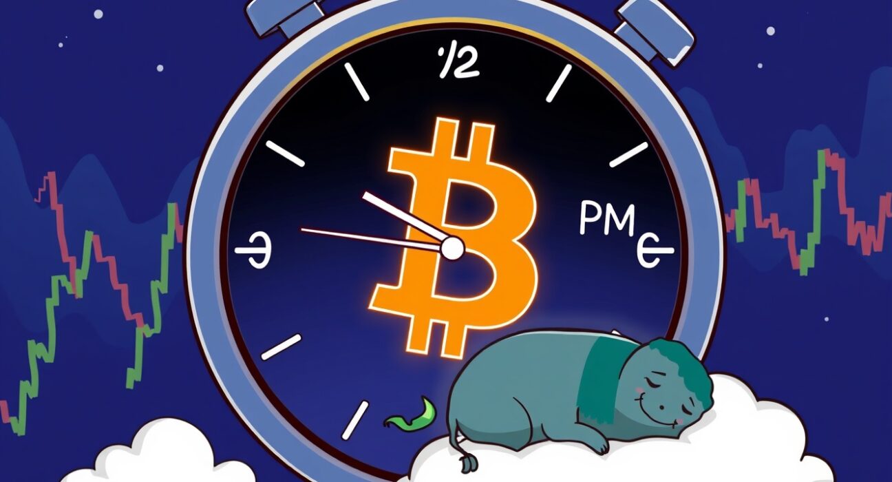 A vibrant cartoon illustrating the unique after-hours trading concept of the new Bitcoin ETF.