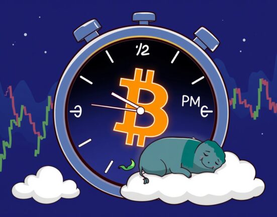 A vibrant cartoon illustrating the unique after-hours trading concept of the new Bitcoin ETF.