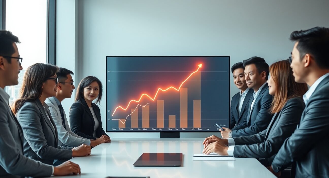 Financial professionals reviewing a digital tokenization market graph in a modern Asian boardroom