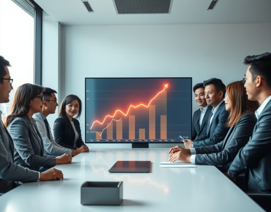 Financial professionals reviewing a digital tokenization market graph in a modern Asian boardroom