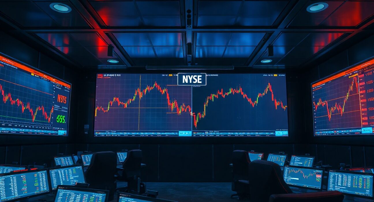 Fragmented stock data displayed across multiple blockchain and traditional exchange screens on a trading floor