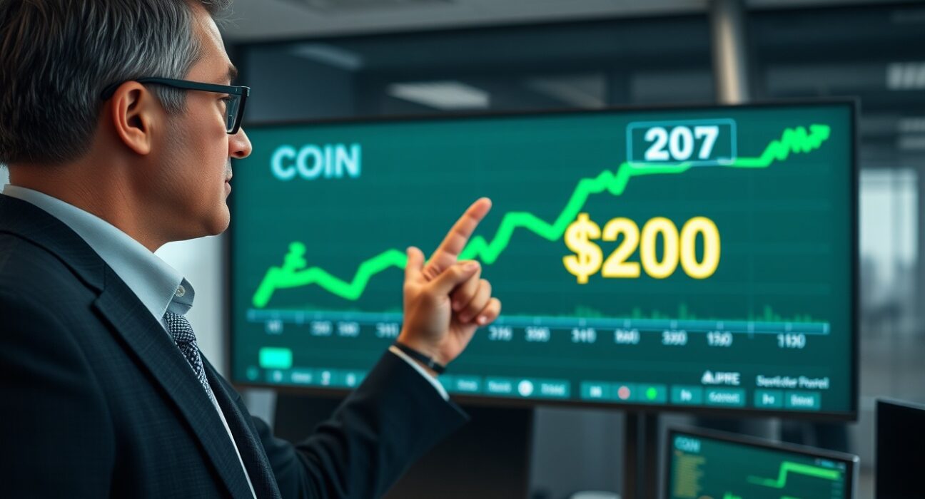 Financial analyst pointing at a screen showing Coinbase stock chart with a $200 target