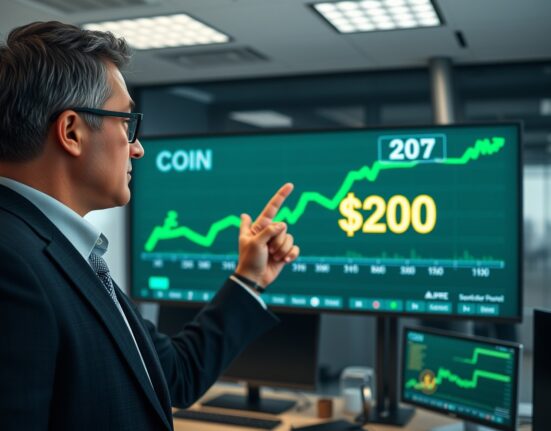 Financial analyst pointing at a screen showing Coinbase stock chart with a $200 target