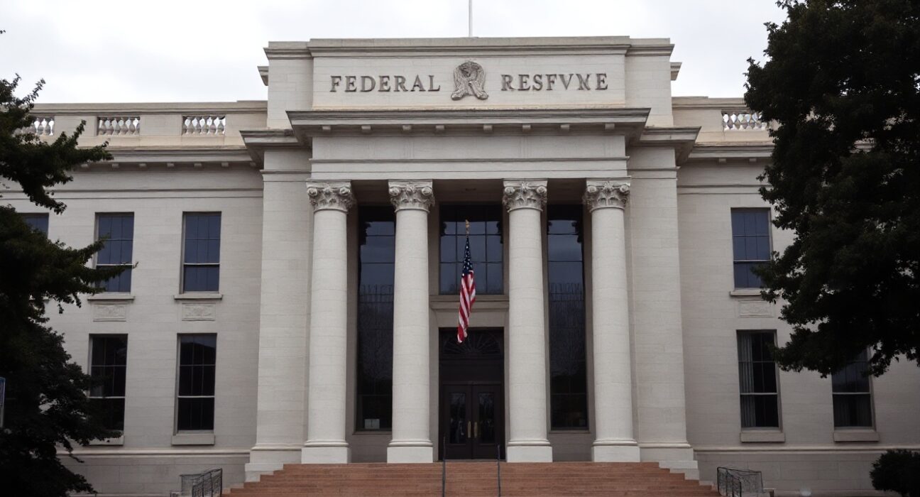 Federal Reserve building in Washington, D.C., on a clear day, symbolizing monetary policy decisions.
