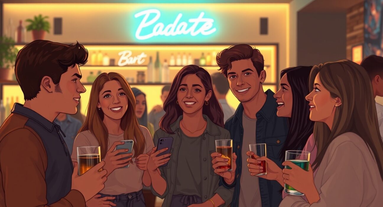 Young adults connecting at a Tinder IRL event in a modern speakeasy bar setting.