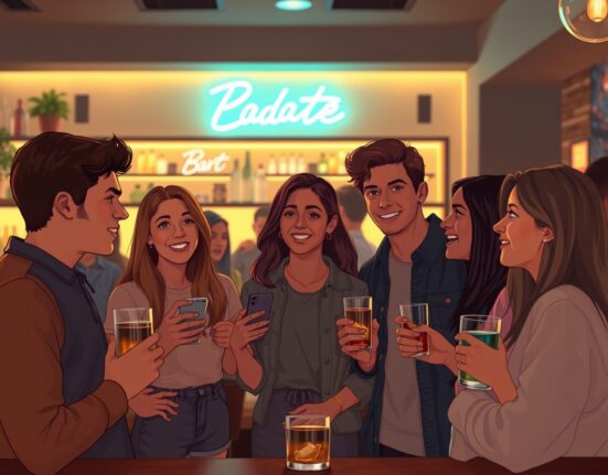 Young adults connecting at a Tinder IRL event in a modern speakeasy bar setting.