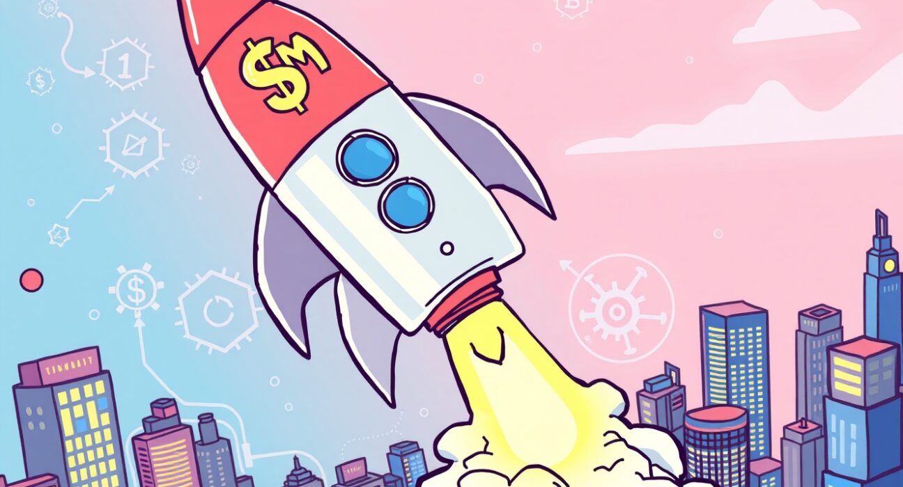 Cartoon illustration depicting Titan's growth fueled by significant Titan seed funding, launching its meta-DEX aggregator into the DeFi space.