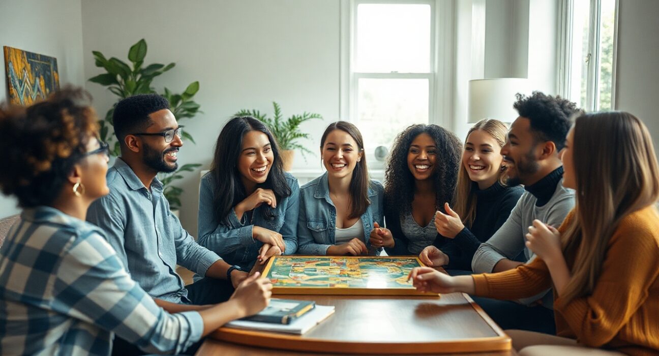 Group of friends playing a board game in a sunlit modern living room, illustrating the together tech trend.