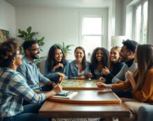 Group of friends playing a board game in a sunlit modern living room, illustrating the together tech trend.