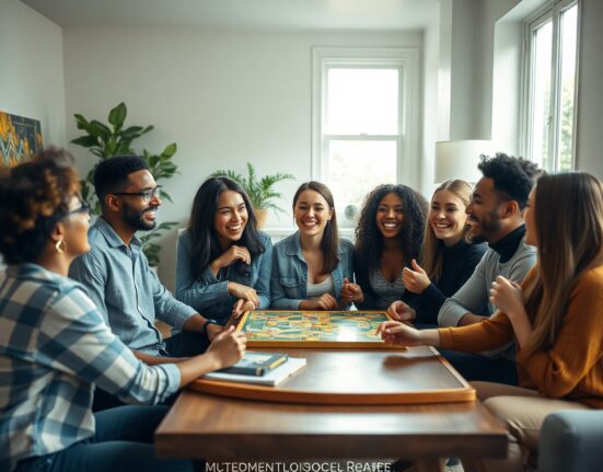 Group of friends playing a board game in a sunlit modern living room, illustrating the together tech trend.