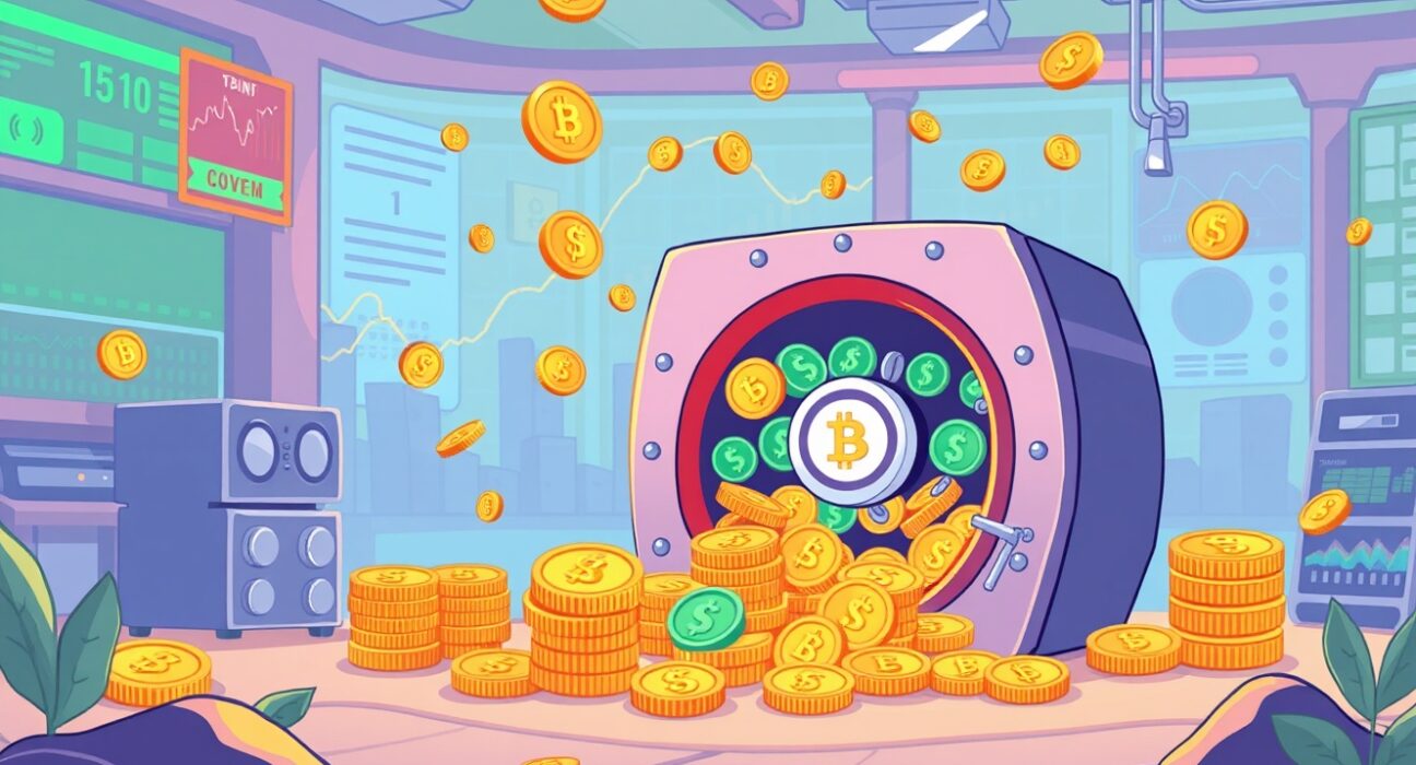 A cartoon illustration showing digital tokens being bought back and secured, symbolizing the massive $1.4B in token buybacks across the crypto market.