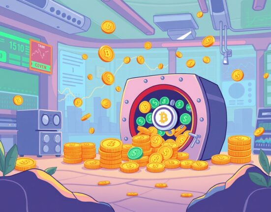 A cartoon illustration showing digital tokens being bought back and secured, symbolizing the massive $1.4B in token buybacks across the crypto market.