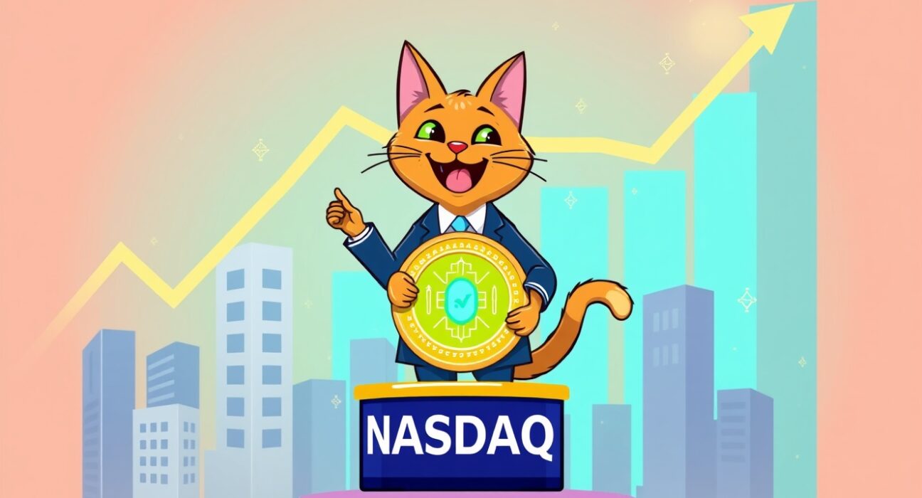 A cartoon business cat announcing a major Token Cat crypto investment on a Nasdaq-themed stage.