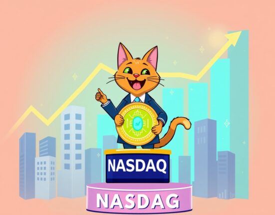 A cartoon business cat announcing a major Token Cat crypto investment on a Nasdaq-themed stage.