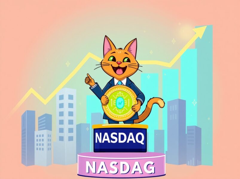 A cartoon business cat announcing a major Token Cat crypto investment on a Nasdaq-themed stage.
