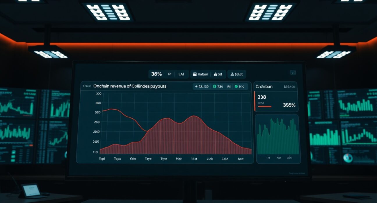 Digital dashboard showing onchain fee revenue decline and steady token holder payouts
