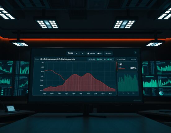Digital dashboard showing onchain fee revenue decline and steady token holder payouts