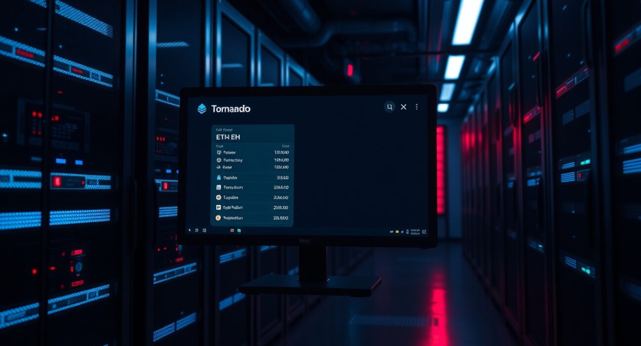 Dark server room with a monitor showing a cryptocurrency wallet transfer, representing the Token of Power DeFi exploit.