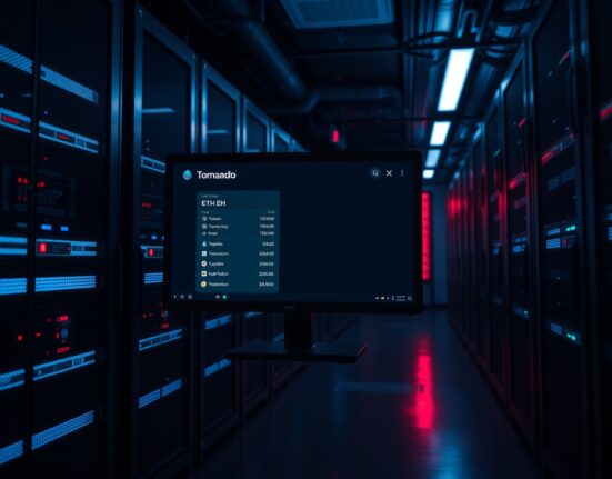 Dark server room with a monitor showing a cryptocurrency wallet transfer, representing the Token of Power DeFi exploit.