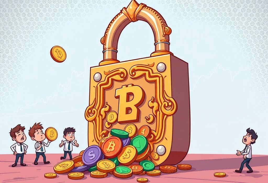 A cartoon illustration showing digital locks opening, releasing crypto tokens, symbolizing the weekly token unlock schedule and its market impact.
