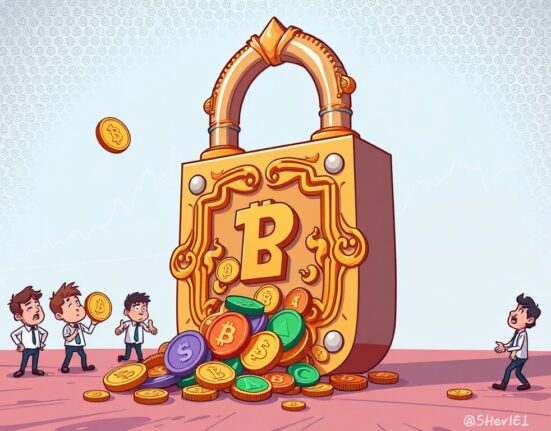 A cartoon illustration showing digital locks opening, releasing crypto tokens, symbolizing the weekly token unlock schedule and its market impact.