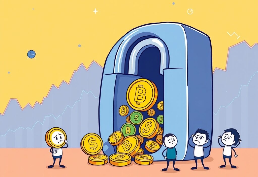Cartoon illustration showing a critical Token Unlock event, with digital coins flowing from a lock, influencing crypto market trends.