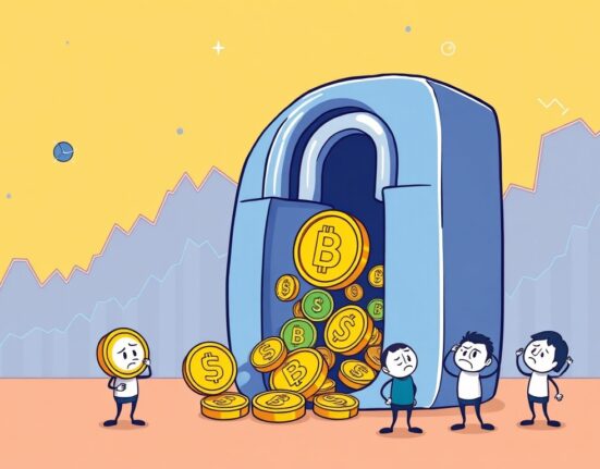 Cartoon illustration showing a critical Token Unlock event, with digital coins flowing from a lock, influencing crypto market trends.
