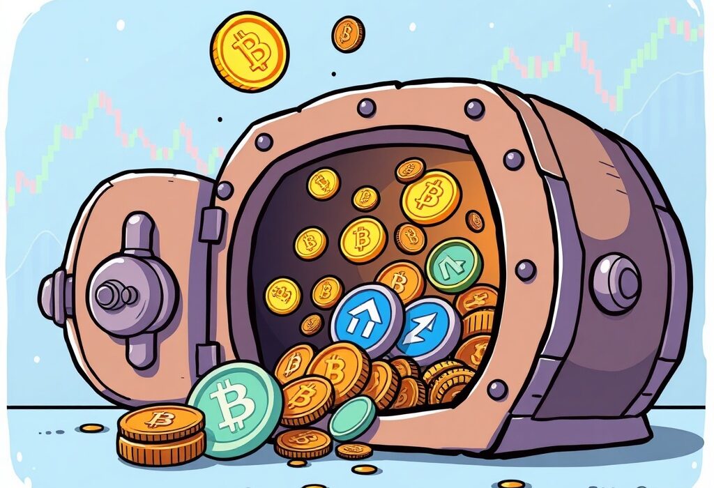 A vibrant cartoon illustration showing digital coins being released from a locked box, symbolizing the ZRO unlock and broader token unlock schedule's market impact.