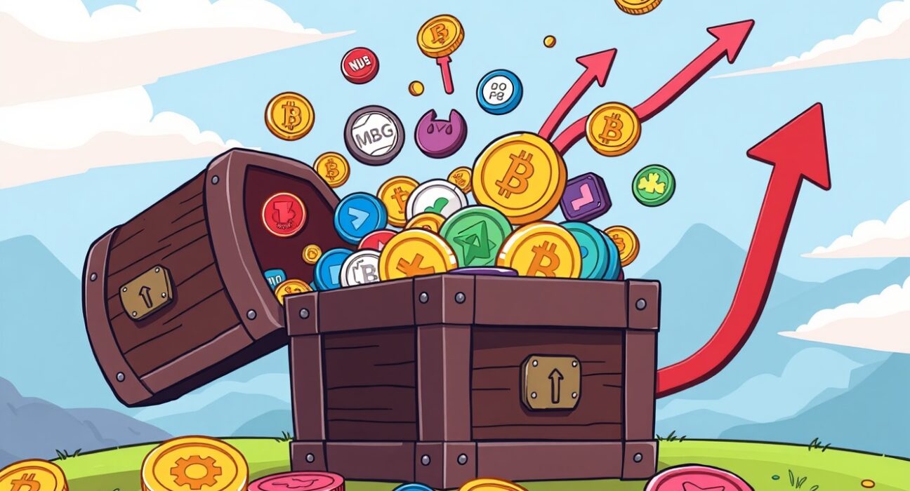 A vibrant cartoon illustrating significant token unlocks impacting the crypto market, with coins being released from a lock.