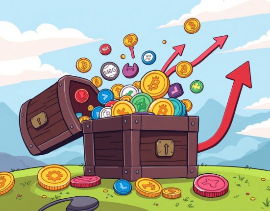A vibrant cartoon illustrating significant token unlocks impacting the crypto market, with coins being released from a lock.
