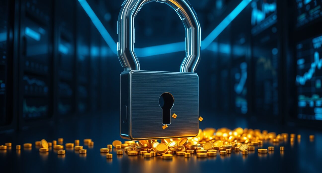 Digital lock releasing golden token particles in a high-tech data center, representing token unlocks.
