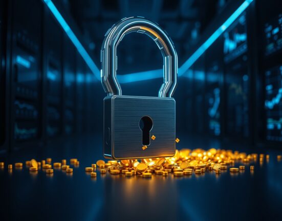 Digital lock releasing golden token particles in a high-tech data center, representing token unlocks.