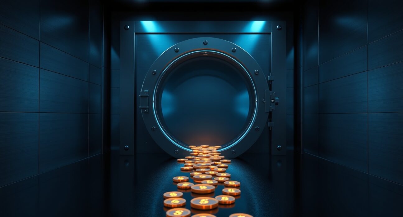 Digital vault door opening with streams of tokens flowing out, representing weekly crypto token unlocks.