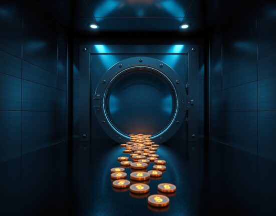 Digital vault door opening with streams of tokens flowing out, representing weekly crypto token unlocks.