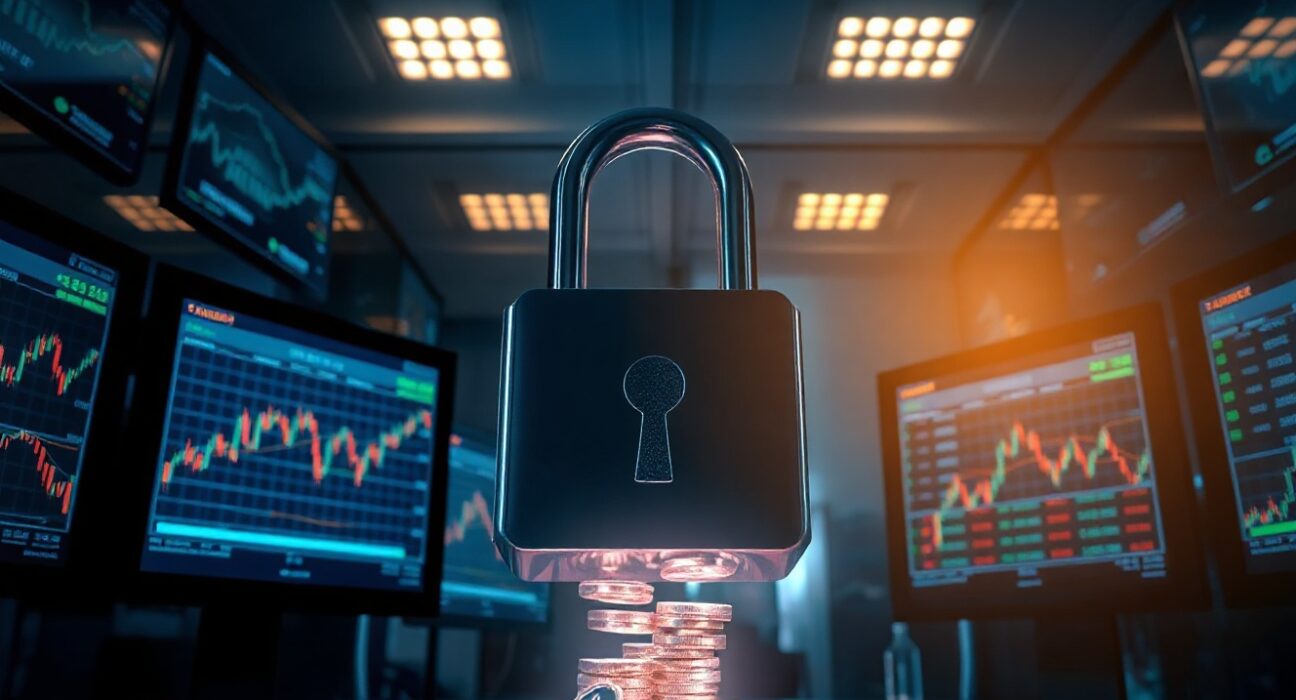 Digital padlock unlocking with glowing tokens flowing out in a data center with crypto charts on monitors