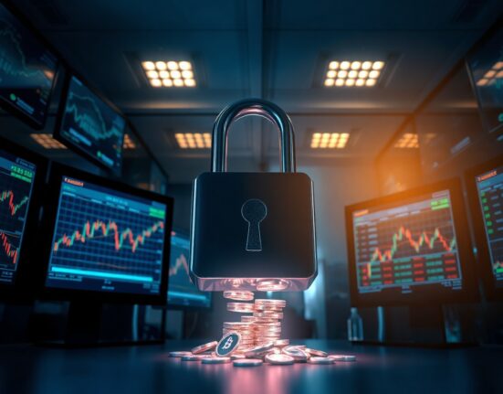 Digital padlock unlocking with glowing tokens flowing out in a data center with crypto charts on monitors