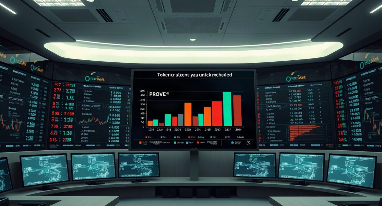 Digital dashboard showing token unlock schedule with PROVE leading at 104% supply increase