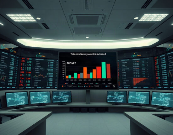 Digital dashboard showing token unlock schedule with PROVE leading at 104% supply increase