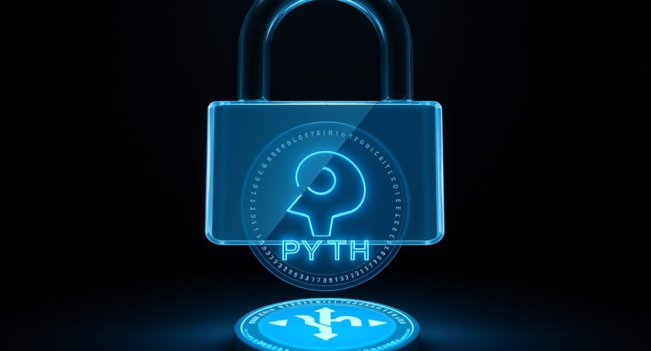 Digital lock partially unlocking over a glowing PYTH token on a dark background, representing token unlocks.