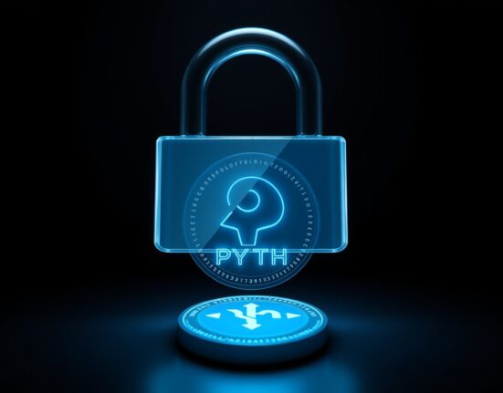 Digital lock partially unlocking over a glowing PYTH token on a dark background, representing token unlocks.
