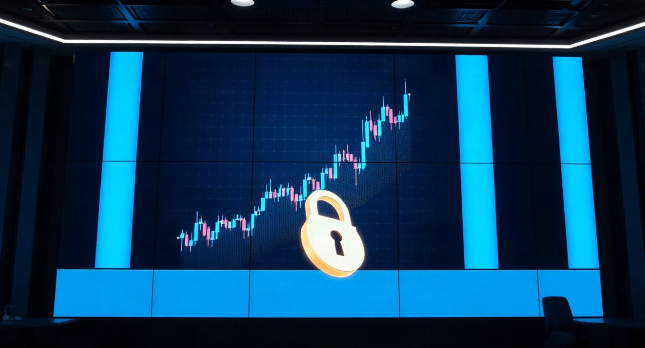 Digital chart display showing token unlock schedule with lock icon in trading room