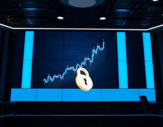 Digital chart display showing token unlock schedule with lock icon in trading room