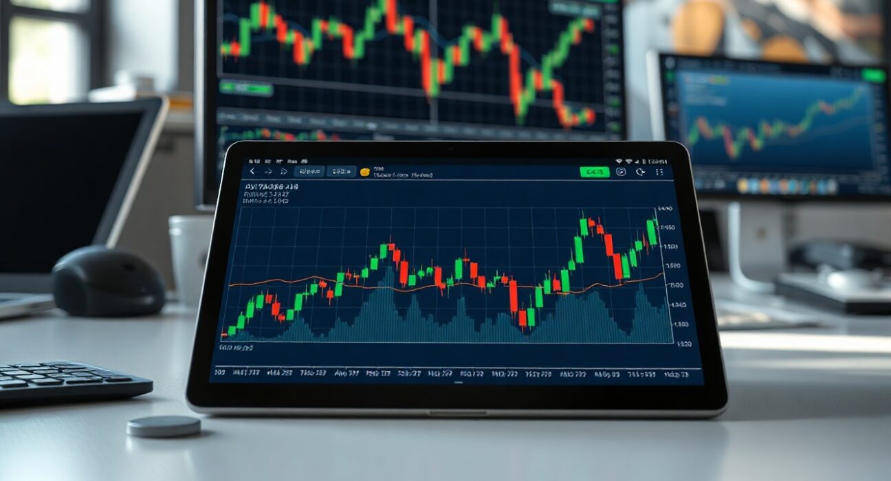 Digital tablet showing cryptocurrency price charts with candlesticks on a newsroom desk